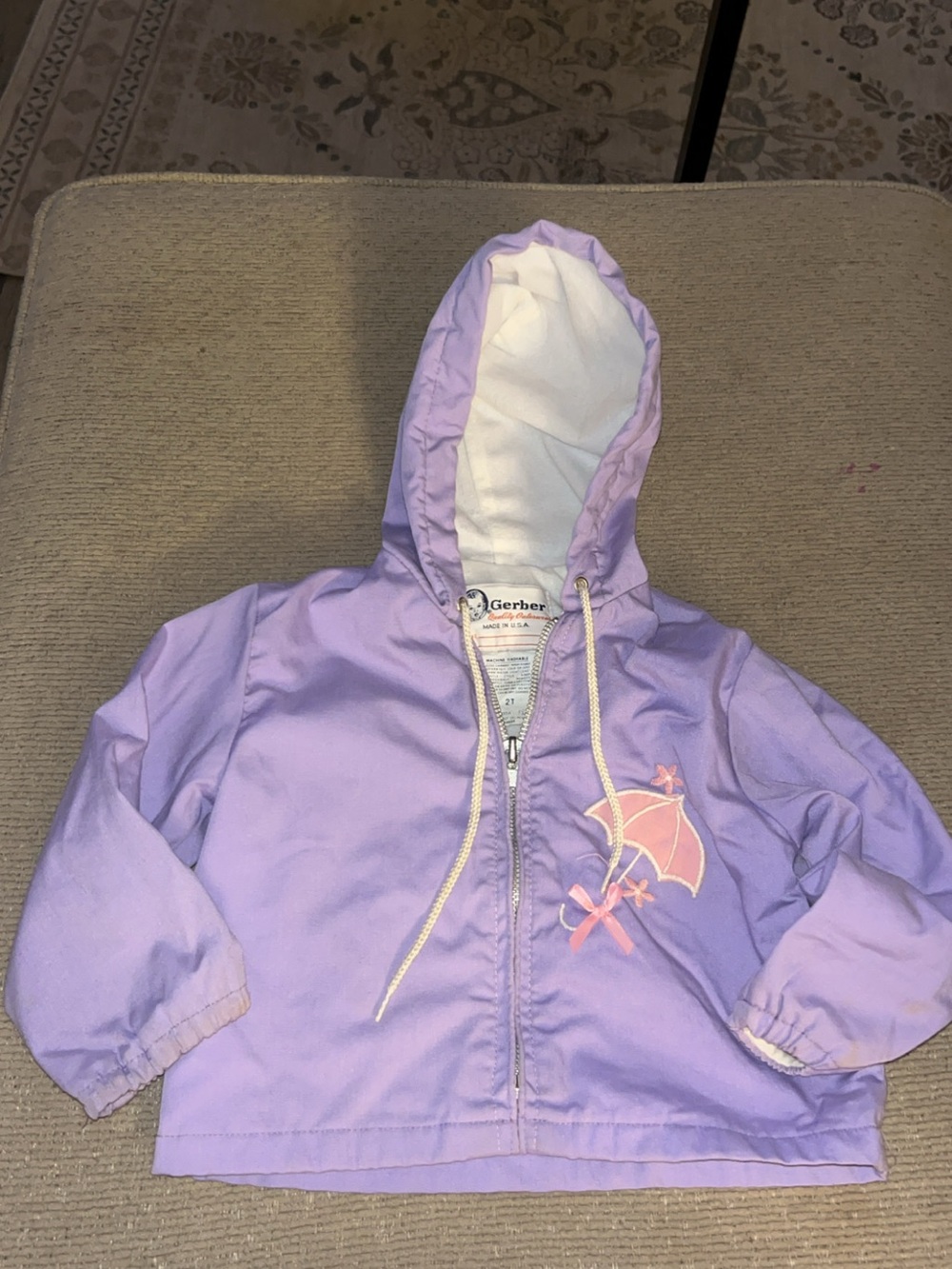 Vintage 1989 Gerber Lavender Hooded Raincoat with Pink Umbrella Detail